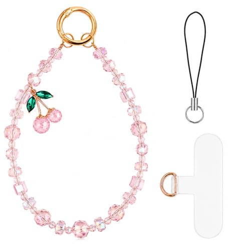 Phone Charm Wrist Strap for Women, Beaded Bracelet Wristlet Chain Lanyard | Pink Cherry Anti-Theft Handsfree Detachable Strap for Cellphone Camera Bag Keychain