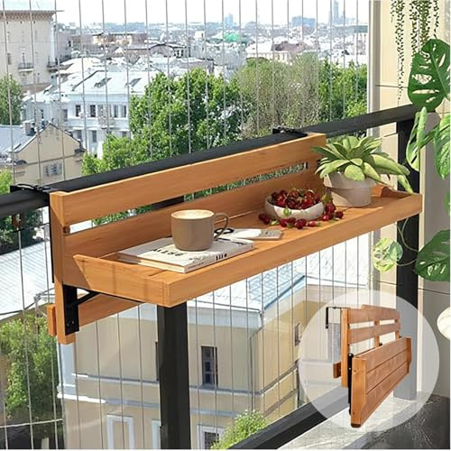 IXPIUZB Tavolino Da Ringhiera Balcone Pieghevole Legno, Tavolino Da Balcone Pieghevole Spessore Ringhiera Da 3-10 Cm Estensione a Parete Sospeso per Giardino Con Patio (Wood, 60cm)