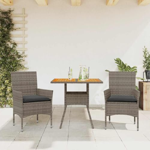 sephironlbb 3-TLG Garten-Essgruppe mit Kissen Grau Poly Rattan, Akazienholz Tisch 80x80x75 cm, wetterfestes Outdoor Gartenmöbel Set, inklusive 2 Stühle, Sitzgruppe für Terrasse Balkon