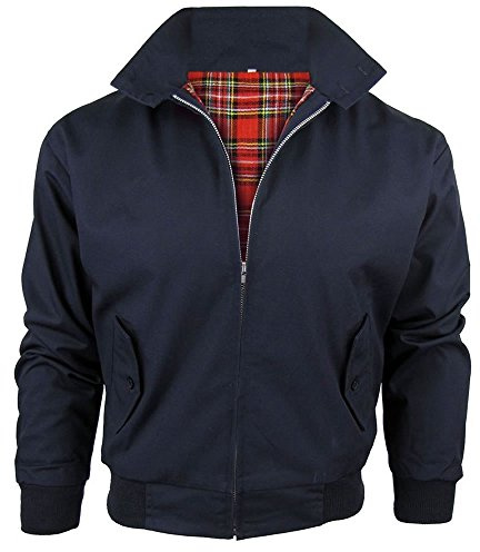 Blouson Harrington avec doublure à carreaux, fabriqué au Royaume-Uni, pour homme, avec fermeture éclair, veste bomber classique, bleu marine, XL