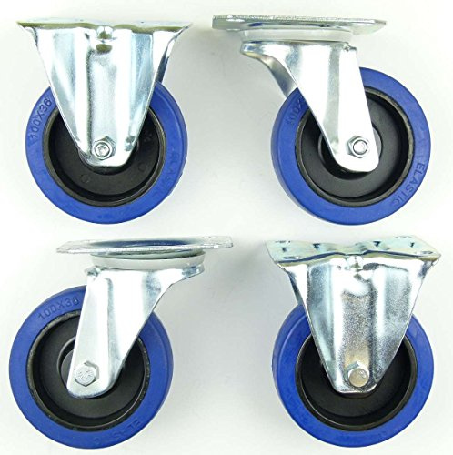 1 Satz 100mm Blue Wheels Transportrollen Lenkrollen + Bockrollen, Elastik-Rad blau, 180kg / Rad - INDUSTRIEQALITÄT (2x Lenk + 2x Bock)