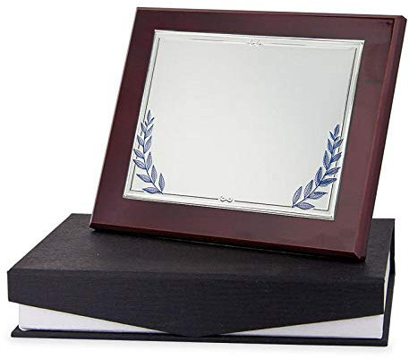 Trofeos Martínez - Placa Conmemorativa/Homenaje con Placa en Aluminio y decoración de Hojas de Laurel en Color Azul para grabación UV a Color. Incluye Estuche de Calidad. (24,5x19,5cm)