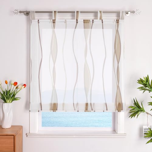 ESLIR Raffrollo mit Schlaufen Gardinen Küche Raffgardinen Transparent Schlaufenrollo Vorhänge Mit Wellen-Druck Modern Voile Sand BxH 140x140cm 1 Stück