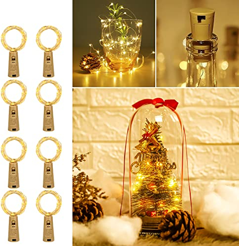 LE Flaschenlicht, 20 LEDs Weinflaschen Lichterkette, 8 Stück 2M Batteriebetrieben Flaschenlichterkette mit Kork, Kupferdraht Lichterketten für Zimmer Außen Innen Weihnachten Party Deko, Warmweiß