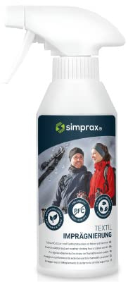 SIMPRAX® Impermeabilisant Tissu Textile - Protection Ecologique et Performante - Certifie Oeko Bombe Impermeabilisante Textile Ideal pour Ski Softshell Gore-Tex Sympatex & Vetements Exterieur - 250ml