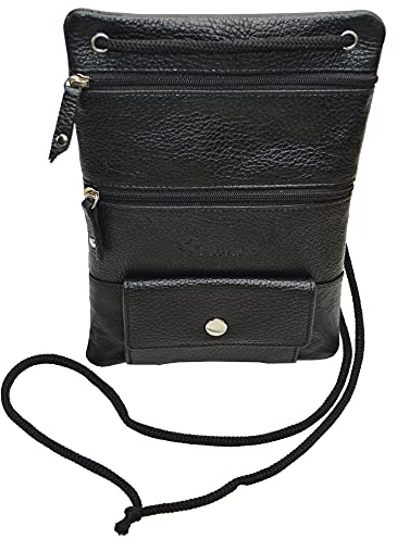 flevado Echt Leder Brustbeutel Reise Urlaubs Kinder Brusttasche mit vielen Einsteck-Fächern (Schwarz)