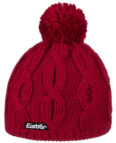 Eisbär Antonia Pudelmütze Damen/Herren - Pompon Zopfstrickmuster Strickmütze mit Futter, Futter Winter Herbst-Winter - One Size dunkelrot