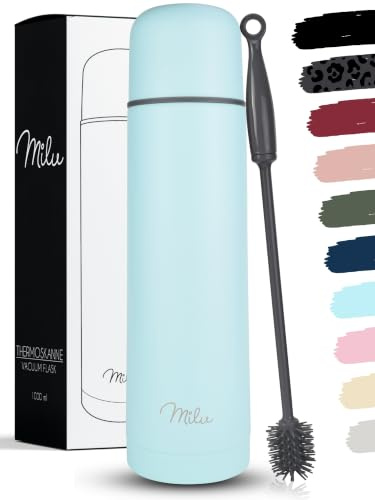 Milu Thermosflasche Thermoskanne Isolierflasche 1L, 750ml, 500ml - Isolierte Edelstahl Trinkflasche, 100% Auslaufsicher, Doppelwandisolierung (Babyblau, 1000 ml)