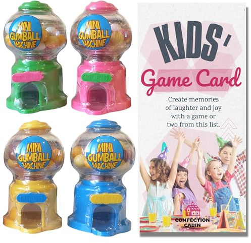 Mini Gumball Machines with Gumballs (Pack of 4) and Game Card - Colourful Bubble Gum Machine Pre-filled with Gum Balls | Easter Gifts for Kids and Easter Sweets and Treats