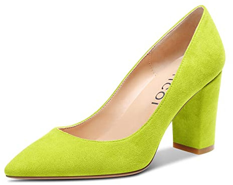 Aachcol Mujer Chunky Ancho Medio Alto High Heel Pumps Slip-on Puntiaguada Punta Dress Zapatos Oficina Fiesta de Boda Ante Verde Lima 8 CM 39 EU