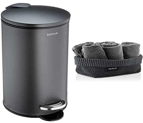 Blomus -TUBO- Treteimer aus pulverbeschichtetem Stahl, Anthrazit, 3L Fassungsvermögen (24,5 x 17 x 17 cm) & TELA- Häkelkorb L aus Kunstfaser, Anthrazit, Korb für Aufbewahrung (9 x 12 x 20 cm)
