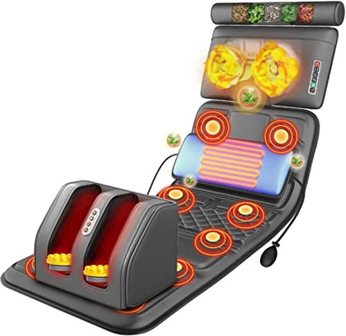 Heated Massage Mat with 20 Neck Shiatsu Kneading Massage Heads, Heating Pad Full Body Massage Mattress Massager Mat Cushion for Relieving Back Lumbar Leg Pain (Grey Plush)