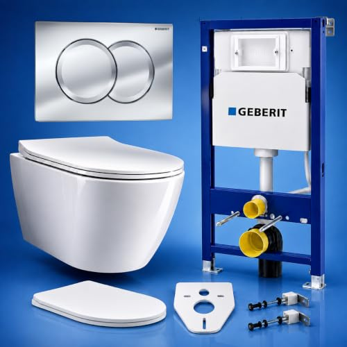 KOLMAN WC Set mit Geberit Duofix Basic UP100 Vorwandelement, Wand-WC Rolo Weiß, Delta01 Drückerplatte Chorm, Slim Duroplast WC-Sitz mit Soft-Close & Schallschutzmatte