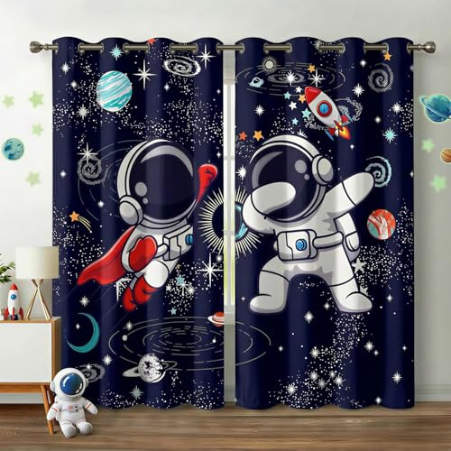 Space Curtains for Boys Room – Astronaut Themed Blackout Grommet Drapes, Thermal Insulated Outer Space Curtains Panels for Kids Bedroom, 42 x 45 Inch