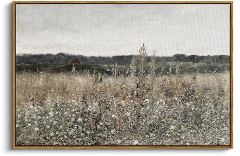 InSimSea Framed Canvas Wall Art Vintage Decor, Landscape Wall Art, Meadow with Flowers Art, Modern Farmhouse Decor, Cottagecore Bedroom Bathroom Office Decorations, 24x36