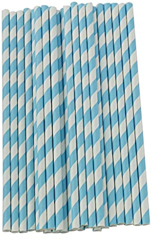 Tiuimk 25 Stück DIY gestreifte Papierstrohhalme hellblau-blau/weiß, biologisch abbaubar, Partyzubehör