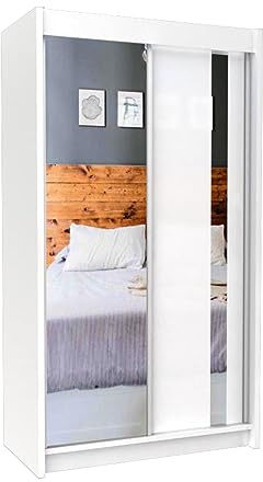 Mars Meble Armoire avec miroir Gaja Armoire avec portes coulissantes, étagères, tringle à vêtements, couleur : blanc, largeur : 150 cm