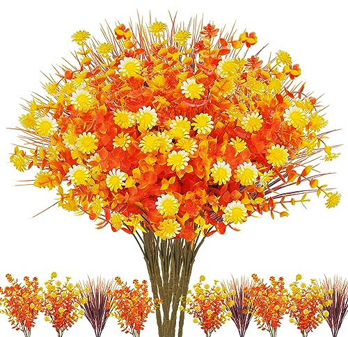 9 Bündel Herbstblumen Künstlich, Kunstblumen Balkon Wetterfest Herbst Kunstblumen wie echt, Künstliche Blumen Herbst Balkonpflanzen Herbststrauß Herbstdeko Für Drinnen Draußen Garten Gelb Orange