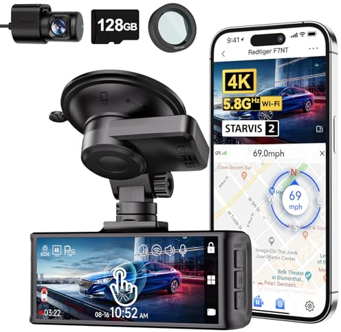 REDTIGER 4K STARVIS 2 Dashcam Auto Vorne Hinten und CPL,Touchscreen 3,18 Zoll,Sprachsteuerung,Dash Cam Auto 5.8GHz WiFi 6,GPS,Kostenlose 128GB Karte,2160P UHD-Nachtsicht,Notfall-Sperre
