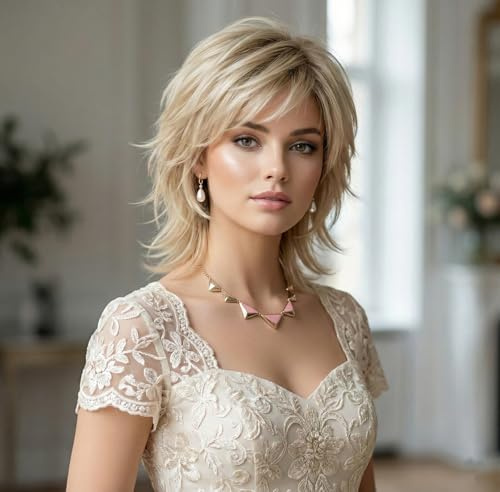 AUBWIG Mittellange blonde Perücken für Damen Natürliche flauschige Zottelperücke mit Pony Synthetische Stufenhaarperücke mit dunklem Ansatz Daily Wear (Blond)