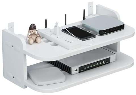 Tissting Wifi Router Floating Shelves 30 x 20 x 15 cm White Wall Hanging Under TV Shelf Free Punch DVD Player Storage Box Game Console Rack for Living Room, Bedroom