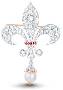 Simulated White Diamond, Pearl & Red Ruby Vintage Brooch Pin 925 Silver Yellow Gold Plated