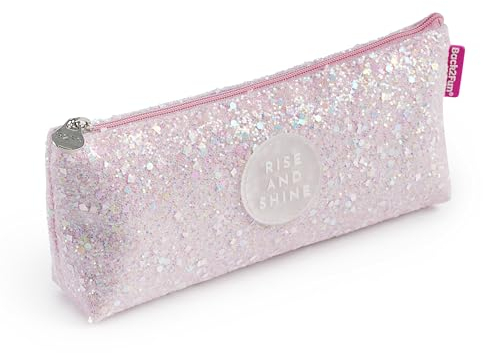 Back2Fun - Dreieckiges Glitzer-Federmäppchen, Einzelfach-Etui, Größe 200 x 80 x 35 mm, Glitzer-Federmäppchen, Metall-Zipper, Reißverschluss, Hübsche Papeterie, Rosa