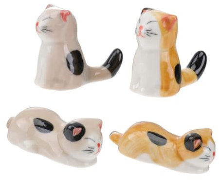 ifundom Lovely Cat-Shaped Ceramic Chopsticks Rest Set 4pcs Yellow Design Tableware Holder Spoon Fork Rack for Japanese and Chinese Dining