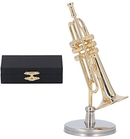 Tromba in miniatura, in rame, con supporto e custodia, replica in miniatura, mini strumento musicale, modello di mini tromba per la casa, decorazione da appendere all'albero di Natale (6,5 cm)