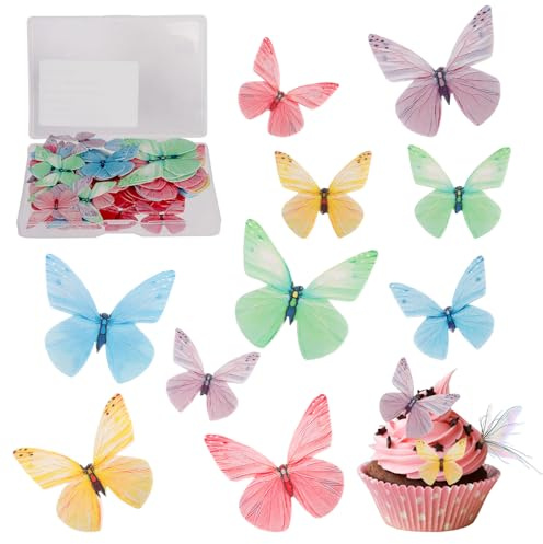 72pcs Edible Butterfly Cake Toppers, Butterfly Shape Cupcake Baking Decoration, Edible Glutinous Rice Paper, Birthday Party Cake Decorations (Crystal Mix)