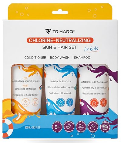 TRIHARD Kids Chlorine Hair and Body Protection Essentials for Swimmers | 3-in-1 Shampoo, Conditioner, & Body Wash for Children’s Sensitive Skin & Hair Pre and Post Pool or Ocean