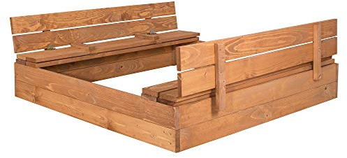 SPRINGOS Arenero infantil con bancos de madera, 120 x 120 cm, incluye suelo de vellón de madera impregnada