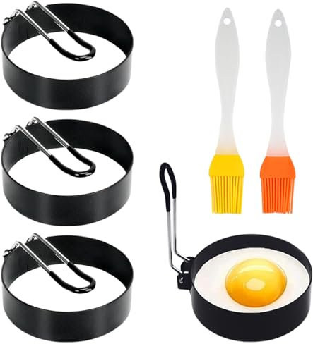 MAEXUS 4 anelli per uova fritte, 9 cm, in acciaio inox, antiaderente, manico pieghevole, facile da pulire, stampi per uova fritte per padella, per omelette hamburger con spazzola in silicone
