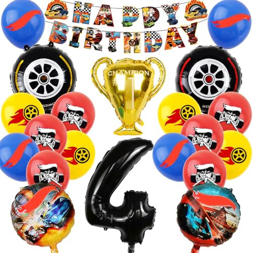 25 Stück Geburtstag Deko, Geburtstagsdeko 4 Jahre Junge, Geburtstagsdeko Ballons Set, Auto Geburtstagsdeko, Car Foilballoons, Party Deko Geburtstag Set für Kinder (4)