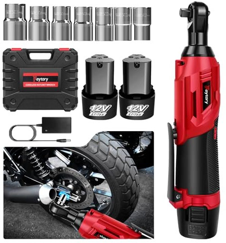 3/8“ Elektrische Ratschenschlüssel Set, 40N.M Schnurlose Akku Ratsche Power mit Schnellladegerät & LED Licht, 7 Steckschlüsseleinsätze Akku Ratschenschlüssel für Tisch, Fahrrad, DIY (Red - 2*1500 mAh)