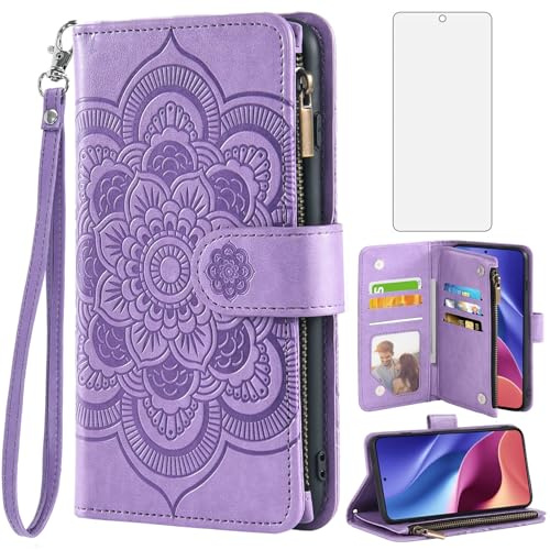 Asuwish Funda para Xiaomi Poco F3/Mi 11i 5G con Cristal Templado Protector Pantalla Vidrio Pelicula Protectora Libro Cuero Piel Tarjetero Mi11i/11X Pro/Redmi K40 Plus Tapa Carcasa Movil Capa Case Lila