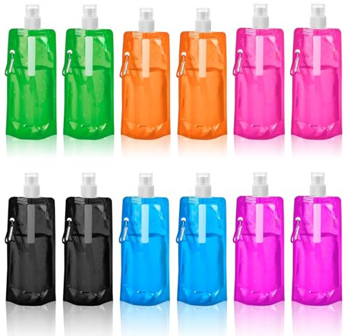 Bouteilles D'eau Pliable 500ML,12 Pièces Flexible Bouteilles D'eau Réutilisables Pliable,Pliable Bouteille D'eau avec Mousqueton,Bouteille D'eau Portable,pour la Randonnée les Aventures les Voyages