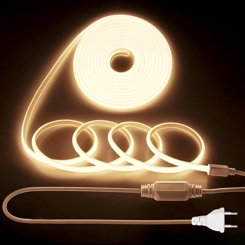 YeahBoom 6M COB LED Streifen,220V Direktanschluss mit Eurostecker,Warmweiß 3000K,Hohe Dichte Flexibler Wasserdicht LED Strip,für Schlafzimmer Schrank Zuhause Party Dekoration