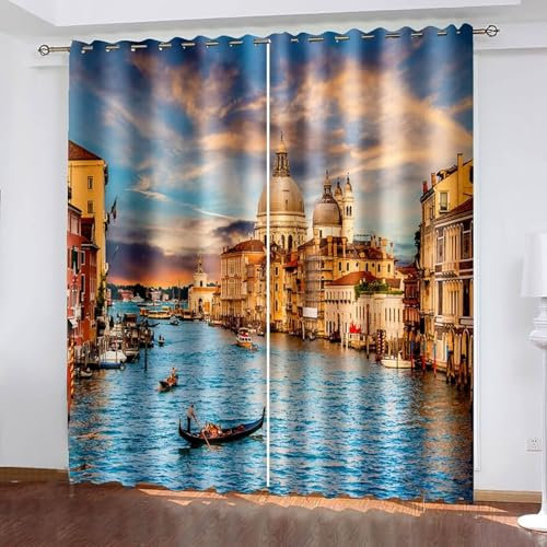 Mesnt Verdunkelungsvorhang Isoliert, 107x214cm Braun Blau Die Stadt Venedig Kälteschutz Verdunklungsvorhänge Ösen Thermal Curtains Blackout Vorhang