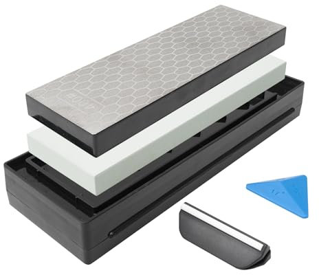 TOOLMAYS Diamond Sharpening Stones Set Dual Sided 400/1200 Grit with 1000 Grit Whetstone Knife Sharpener with Knife Sharpening Rest, Triangular Knife Sharpening Angle Guide, Storage Case