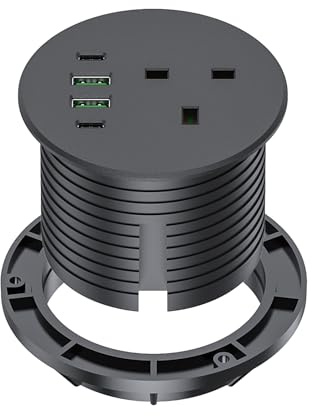 Recessed Power Socket with 65W USB C, Haiaoyyds Desk Socket Grommet with 1 UK Plug, 4 USB Ports, 2M Cable, Worktop Socket 76mm Hole for Home Office, Black