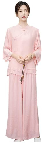 Uniforme da Tai Chi da Donna, Abito Tradizionale Cinese da Kung Fu, Abbigliamento per Arti Marziali in Seta e Lino, Maniche a Tre Quarti, Abbigliamento per Esercizi Mattutini,Pink-XL
