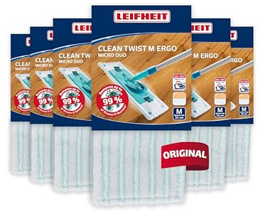 Leifheit Housse de Rechange Micro Duo Clean Twist M Ergo et Power Clean | Lot de 6, système double fibre, pour Clean Twist M Ergo et Power Clean M, housse pour balai lave-sol, lavable 200 fois à 60°C