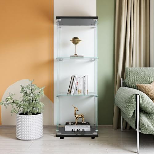 SUNFECILI Vitrine,Glasvitrine Standvitrine,1 Tür,Glasvitrine mit Schloss für Sammlerstücke,Bücher und Wein,Ideal für Wohnzimmer und Büro (Schwarz, 3 Strati)