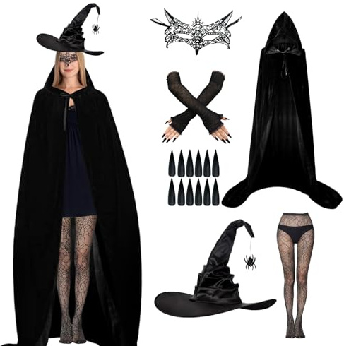 Celebration Directre Witch Costume Women Adult Women's Halloween Costume, Black Cloak Eye Mask Witch Hat Long Black Gloves Spider Web Pantyhose Nail Sticker for Halloween Cosplay Fancy Dress Parties