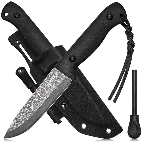 GREIFS® Outdoor-Messer aus D2 Stahl mit Kydex Holster und Feuerstahl, edles Survival Messer für die Bushcraft Ausrüstung, Jagdmesser, Schnitzmesser, Fahrtenmesser (BushMaster/Damast)