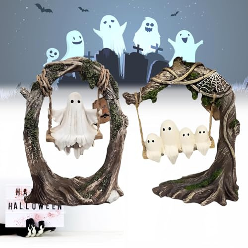 Ghost on a Tree Swing, Cute Halloween Swinging Shadows, Funny Ghost Tree Swing Decor,for Desktop Bookshelf Garden Patio Lawn Halloween Decor (Swing Ghost A+B)