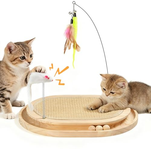 Tivray Katzen Kratzbrett, Sisal Kratzpad Interaktives Katzenspielzeug | Natürliches Sisal, Ballbahn und 3 Plüschspielzeugen, Kitten zum Jagen, Krallenpflege, Indoor Rundes Holz Kratzspielzeug