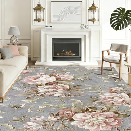 WQMMD Waschbarer Teppich 70x140 cm Grau Rosa Blumen Kurzflor Läufer Teppich rutschfest Vintage Teppich Weich Küchenteppich Schlafzimmer Flur Eingangsbereich Boho Teppich Maschinenwaschbar