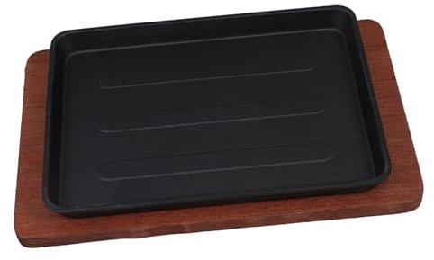 BESPORTBLE Padella in Ghisa Quadrata per Grigliare e Saltare Piastra Antiaderente per Bistecche e Pesce Set con Base in Legno Adatta per Cucina Domestica e Ristoranti Compatibile Induzione